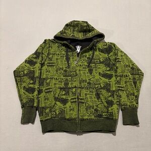 Circa Hoodie Green All Over Print AOP‎ Y2K Grunge Goth Skull Full Zip Size Large